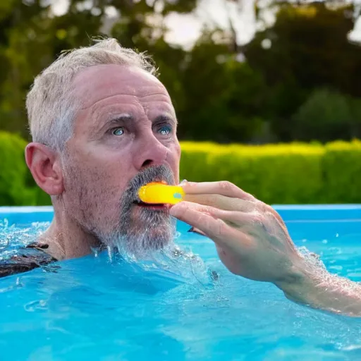 Prompt: A man drinks water from a swimming pool with a straw, 80mm lens