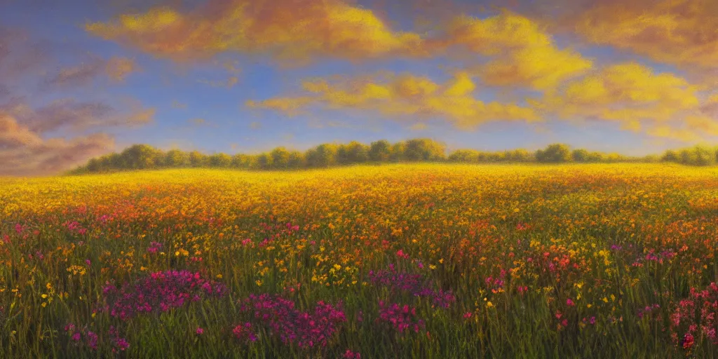 Prompt: oil painting, landscape, flowers field. golden hour. pastel colors. matte painting, 4k