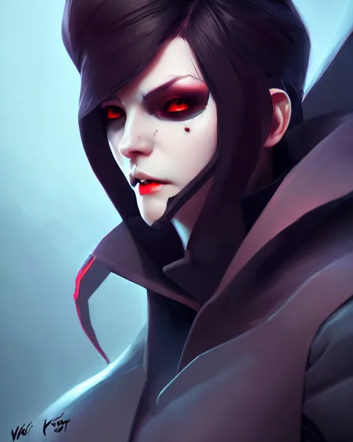 Image similar to hq rendering, dark vampire, character portrait, concept art, painterly, fanart, highly detailed in the style of overwatch by ilya kuvshinov, wenjun lin,