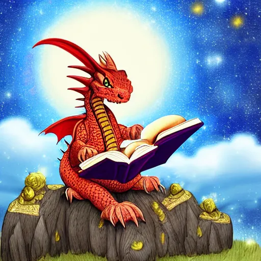 Image similar to cute dragon reading a book under the stars, detailed, digital art