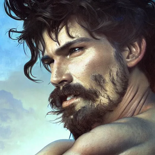 Prompt: portrait of the god of the mountains, 30 years old, rugged, male, gorgeous, detailed face, amazing, hairy torso, muscular, intricate, highly detailed, digital painting, artstation, concept art, sharp focus, illustration, art by greg rutkowski and alphonse mucha