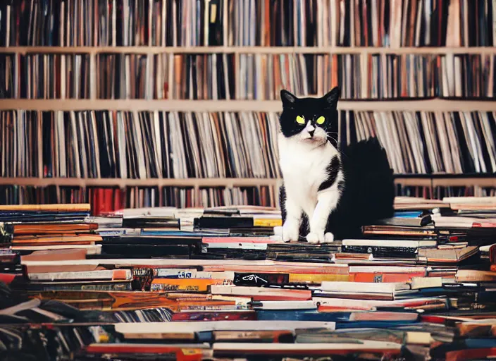 Image similar to photography of a Cat sitting on a pile of books and vinyls. a record player is in the shot. in a room full of vinyls and posters out of the 70's, photorealistic, raining award winning photo, 100mm, sharp, high res