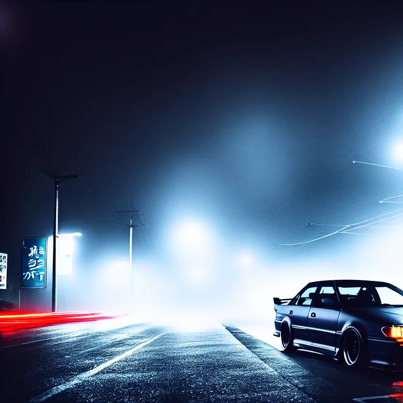 Image similar to one car JZX90 twin turbo drift middle of empty street, misty kanagawa prefecture, night, cinematic color, photorealistic, highly detailed,