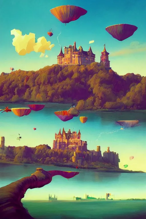 Image similar to a painting of a castle city island floating in the air, a surrealist painting by rhads, james jean, alberto seveso, behance contest winner, psychedelic art, flying castle, wallpaper, art