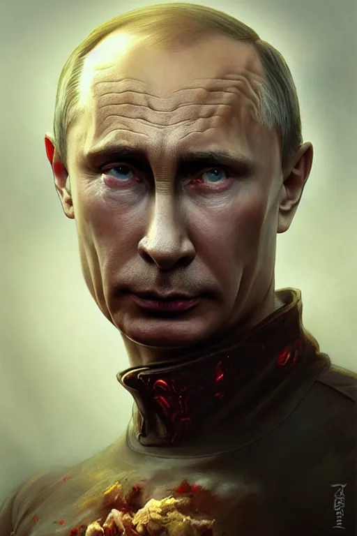 Image similar to Vladimir Putin as zombie, portrait, highly detailed, digital painting, artstation, concept art, smooth, sharp focus, illustration, cinematic lighting, art by artgerm and greg rutkowski and alphonse mucha