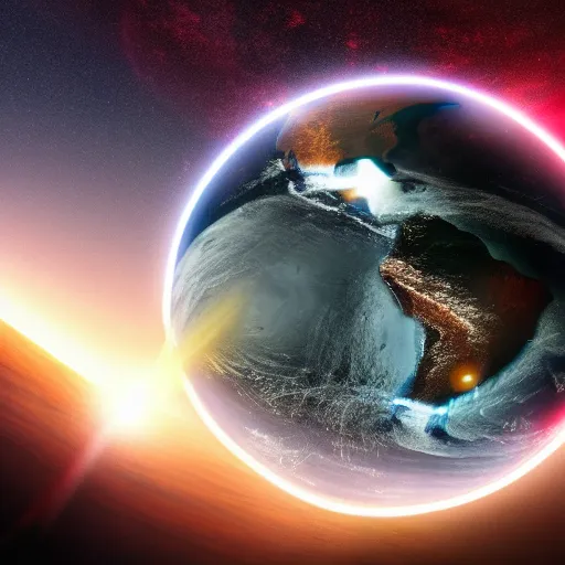 Image similar to black hole destroying earth, cinematic, backlit, 8k, ultra detailed