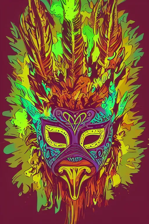 Image similar to animal mask totem roots flower tribal feather gemstone plant wood rock shaman vodoo video game vector cutout illustration vivid multicolor borderlands comics by josan gonzales and dan mumford radiating a glowing aura