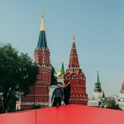 Prompt: a man and a woman standing on the red place of moscow