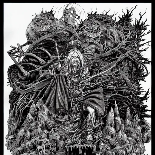 Image similar to Baba Yaga by Kentaro Miura, highly detailed, black and white