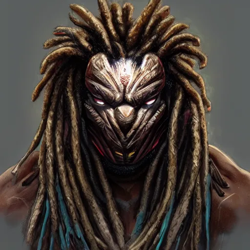 Prompt: predator redesign, portrait, highly detailed, dreadlocks, mandables, digital painting, trending on artstation, concept art, illustration