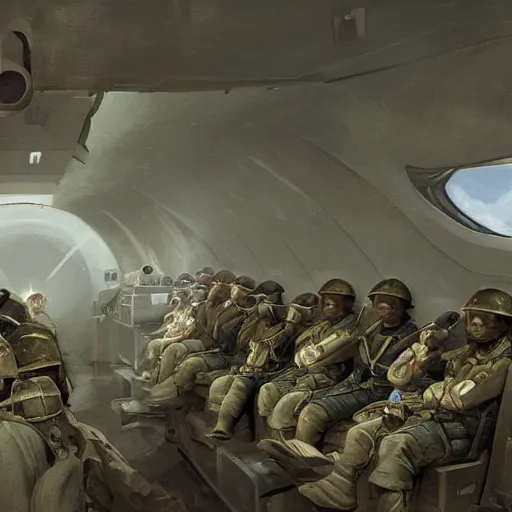 Image similar to soldiers sitting inside a plane on their way to the battlefield, an emotionless look on their faces, digital painting, highly detailed, illustration, intricate, in the style of grek rutkowski