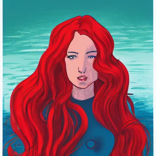 Image similar to a beautiful comic book illustration of a woman with long red hair sitting near a lake at night by daniele afferni, featured on artstation