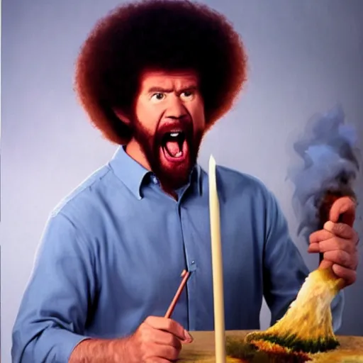 Image similar to insanely angry bob ross screaming at his painting mistake. smoke coming from ears.