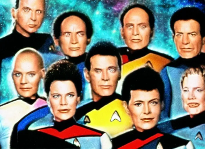 Image similar to a still from a 1 9 8 0 s sci - fi tv programme, star trek tng, deep space nine, star trek voyager, babylon 5, vhs distortion