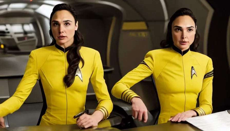 Image similar to Gal Gadot, wearing a yellow uniform, is the captain of the starship Enterprise in the new Star Trek movie