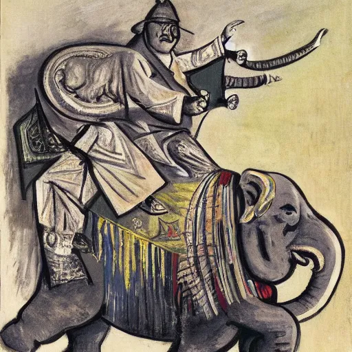 Prompt: President Taft riding a war elephant into an Indonesian battlefield, painted by Picasso