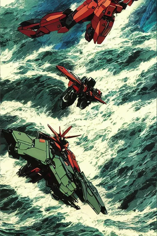 Image similar to full page illustration, gundam 0079 tube riding a huge wave, by Katsuhiro Otomo, Geof Darrow, Phil hale, Ashley wood, Ilya repin, frank frazetta, 8k, hd, high resolution print