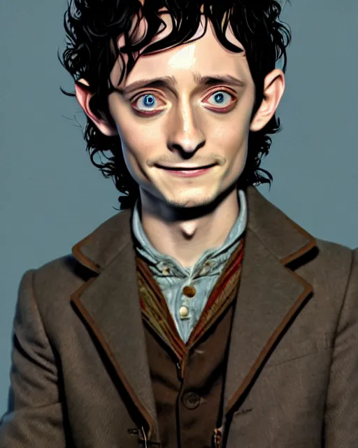 Prompt: portrait Anime joyful Elijah Wood as Hobbit Frodo Baggins; velvet brown jacket, backpack, Shire background || cute-fine-face, pretty face, realistic shaded Perfect face, fine details. Anime. realistic shaded lighting by Kim Jung Gi, brom, Pixiv, by Ross Tran, Greg Rutkowski, Mark Arian