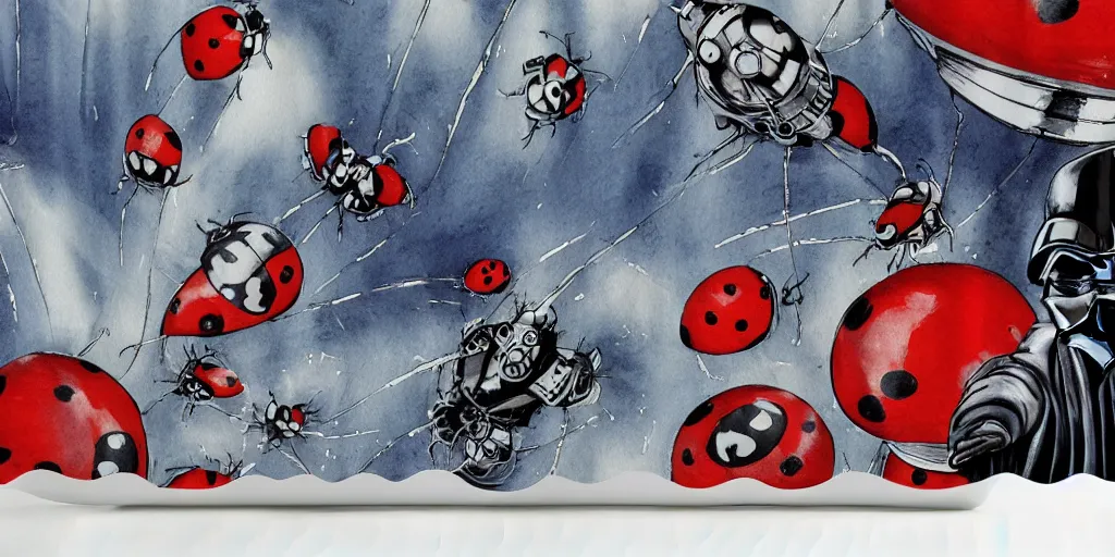 Image similar to shower curtain product catalog. wide - angle photo. on the curtain is a low - angle hero - shot watercolor of a ladybug robot. the robot has an epic fight with darth vader ( obi - wan kenobi ). the water color has ink under drawing. highly coherent, product photography of a shower curtain, product lighting. 4 k, highly detailed. saturated.