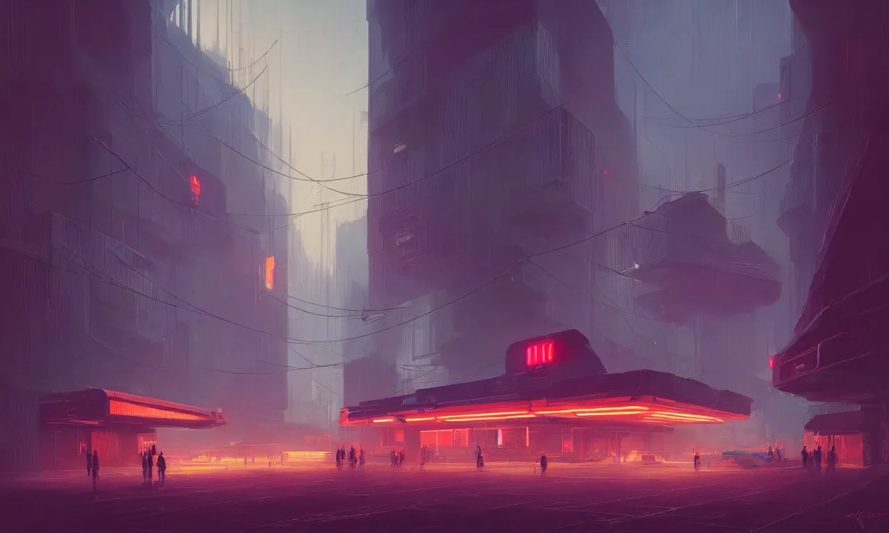 Image similar to simple brutalist architecture, colorful neon lighting, neon signs, greg rutkowski, syd mead, ralph mcquarrie, concept art, matte painting, highly detailed, rule of thirds, dynamic lighting, cinematic, detailed, denoised, centered