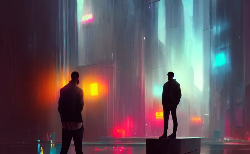 Prompt: single handsome black genius staring intently at floating three dimensional holographic displays, urban atmosphere, glowing lights, highly detailed, digital painting, artstation, concept art, smooth, sharp focus, illustration, art by wlop, mars ravelo and greg rutkowski