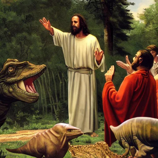 Prompt: Jesus Christ preaching to the dinosaurs