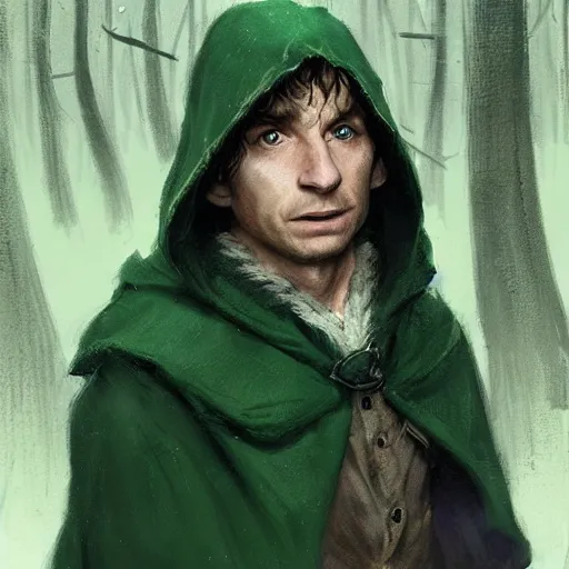 Image similar to a portrait of a handsome hobbit rogue wearing a dark green hood and a cloak in the forest, wearing adventure gear, ultra realistic, detailed, masterpiece, short hair cut, clean shaven, by Greg Rutkowski, trending on ArtStation