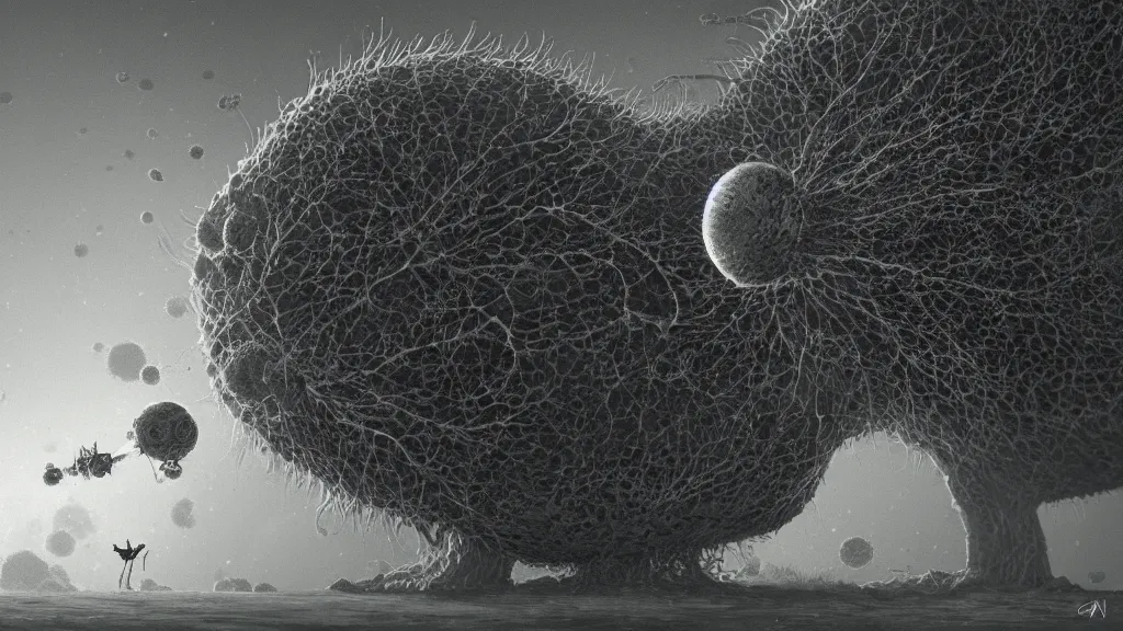 Prompt: a beautiful microscopic scientific photo of a coronavirus and a strange life form seen through an electron microscope, dark, sinister, detailed, art by Greg Rutkowski