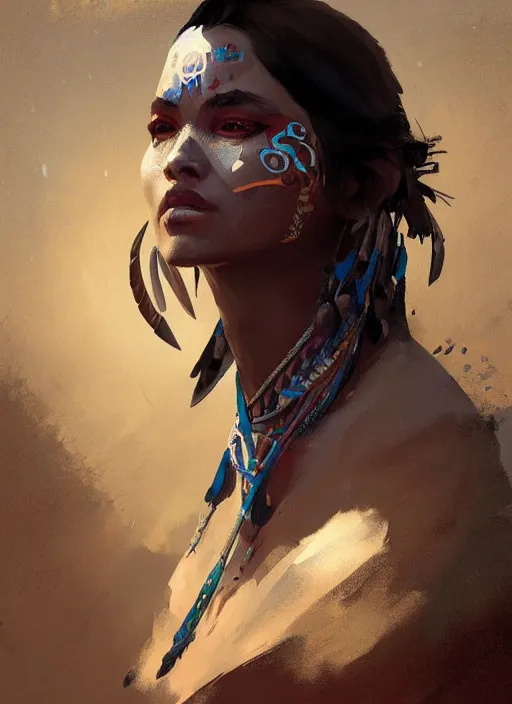 Prompt: A concept painting of a very beautiful tribal woman trending on artstation in the style of Greg Rutkowski