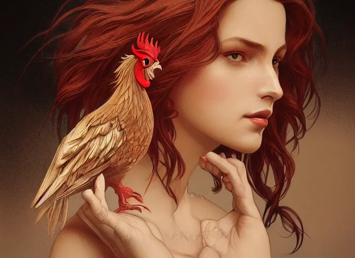 Image similar to full figure ultra realistic illustration, rooster, beautiful, intricate, elegant, highly detailed, digital painting, artstation, concept art, smooth, sharp focus, illustration, art by artgerm and greg rutkowski and alphonse mucha