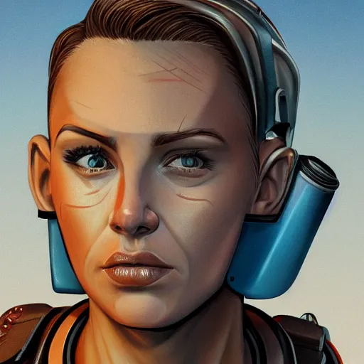 Image similar to character concept art of heroic stoic emotionless butch blond handsome woman space explorer with detailed tribal tattoos, very short slicked - back butch hair, narrow eyes, wearing atompunk jumpsuit, orange safety vest, retrofuture, highly detailed, science fiction, illustration, oil painting, realistic, lifelike, pulp sci fi, cinematic