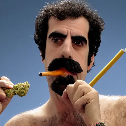 Prompt: Sacha Baron Cohen as borat smoking a giant rolled cannabis cigarette, smoke, 8k, hyper-detailed