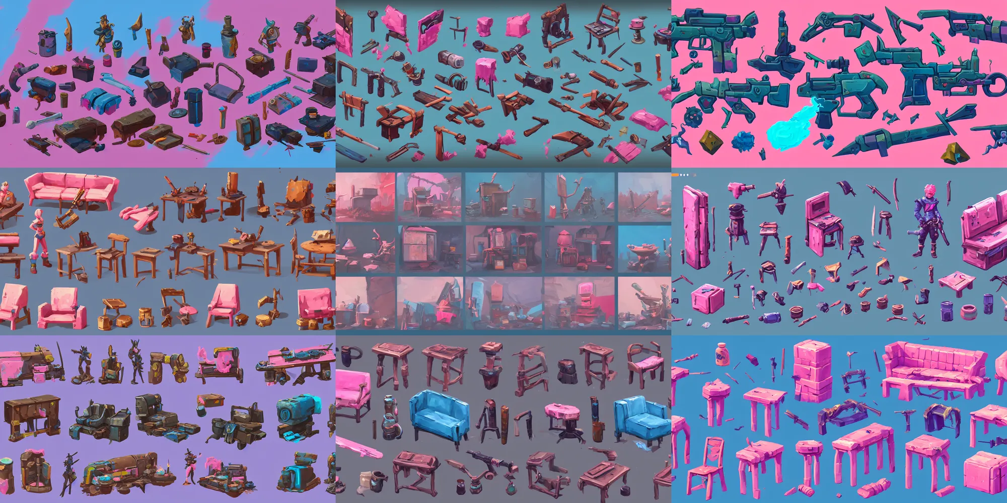 Prompt: game asset of post apocalypse furniture, in gouache detailed paintings, props, stylized, 2 d sprites, kitbash, arcane, overwatch, blue and pink color scheme, 8 k, close up