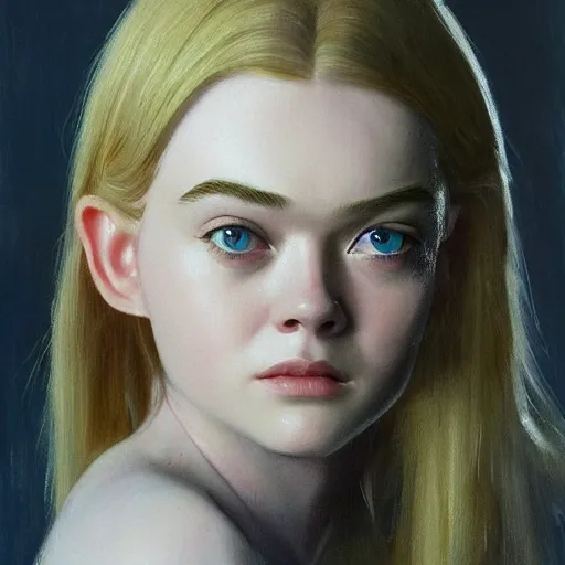 Image similar to ultra realistic portrait painting of elle fanning in halo 2, art by frank frazetta, 4 k, ultra realistic, highly detailed, epic lighting