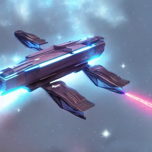 Image similar to a futuristic spaceship firing it's laser cannon, detailed, photorealistic, 4k