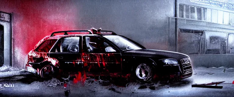 Prompt: Audi A4 B6 Avant (2002), a gritty neo-noir, dramatic lighting, cinematic, eerie person, death, homicide, homicide in the snow, viscera splattered all over the car, gunshots, establishing shot, extremely high detail, photorealistic, red mist, arson, burning city, cinematic lighting, artstation, by simon stalenhag, Max Payne (PC) (2001) winter New York at night, In the style of Max Payne 1 graphic novel, flashing lights, Poets of the Fall - Late Goodbye