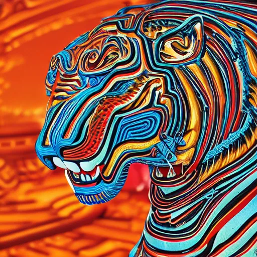 Image similar to coloured sculpture breathtakingly cool beautiful stylised mayan ornate biomechanical tiger, isometric perspective, 8 k