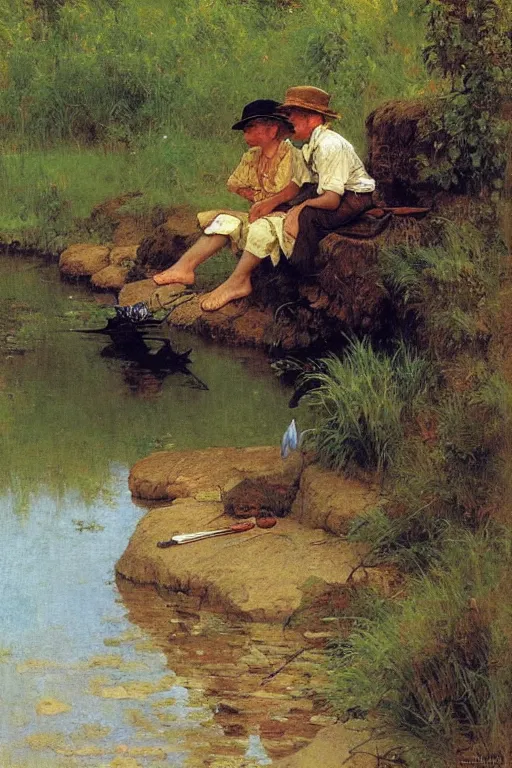 Image similar to huckleberry finn and tom sawyer sit by the river and fish, norman rockwell, victor Nizovtsev, bouguereau