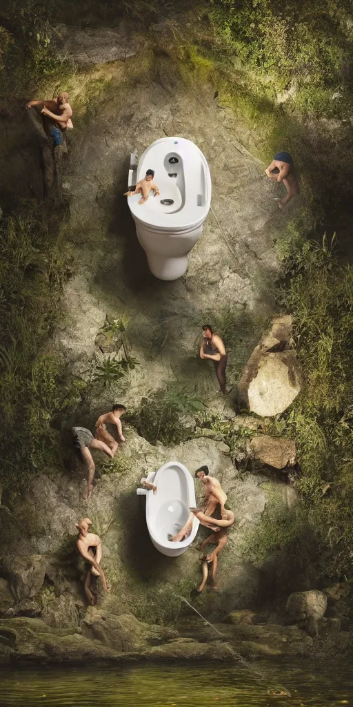 Image similar to photo of three men in a pond struggling to climb the same gigantic!!!! porcelain toilet. The three men are angry and shouting at each other. The toilet they are trying to climb is the size of an island. Flash photograph at night, 4k, highly detailed