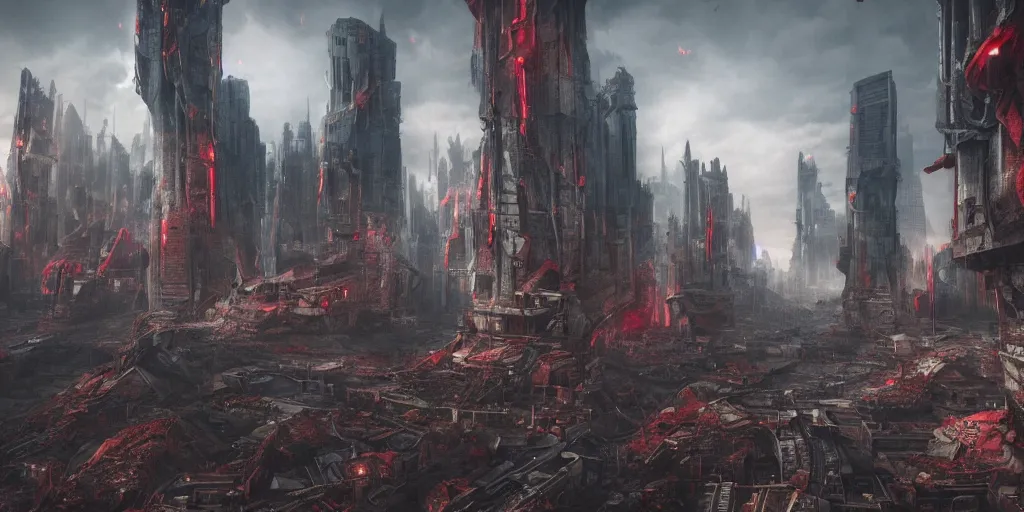 Image similar to futuristic city halfway overtaken by the red rot disease, crumbling buildings turning into flesh, unreal octane render, digital art, highly detailed, epic composition, nice contrast, 4 k, trending on artstation