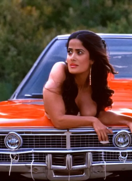 Image similar to film still of salma hayek as daisy duke in the tv show dukes of hazzard, general lee car, 4k.