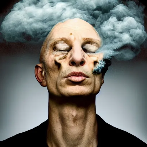 Image similar to artistic annie liebowitz photo of a man who's head is turning into a puff of smoke