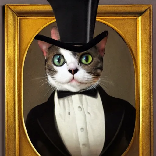 Image similar to a cat wearing a tuxedo a top hat and a monocle, renaissance painting, portrait, highly detailed