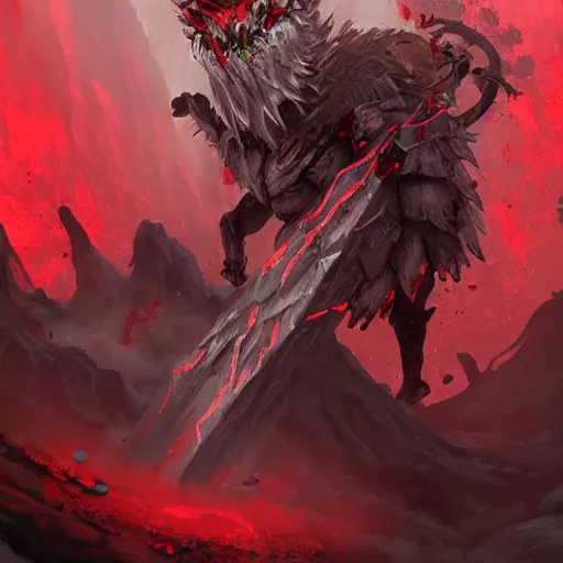 Image similar to ((((rock elemental spirit)))), red theme, bloody battlefield, weapons and armors, Dota 2 hero, hearthstone art style, epic fantasy style art, fantasy epic digital art, epic fantasy card game art
