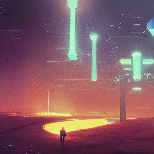 Image similar to scene from bladerunner 2 0 4 9 movie, syd mead artlilery spaceship lands in an alien landscape, filigree ornaments, volumetric lights, simon stalenhag, beksinski