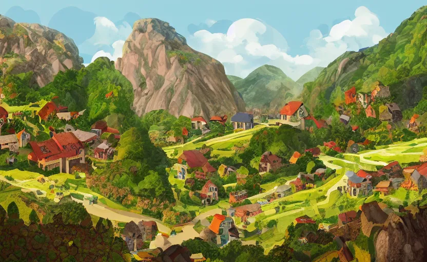 Prompt: a small village in a valley, villagers busy farming, a dragon in a distance, storybook, gouache, flat, concept art, lush, print