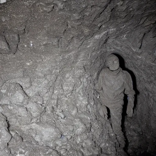 Image similar to found footage of a man made of grayish clay emerging from a wall inside of a cave made of grayish clay, creepy, flash photography, unsettling, moist