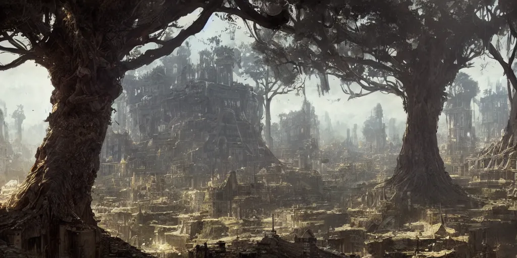 Image similar to a vast city built in an ancient tree, greg rutkowski, 8 k, shallow depth of field, intricate detail, concept art,