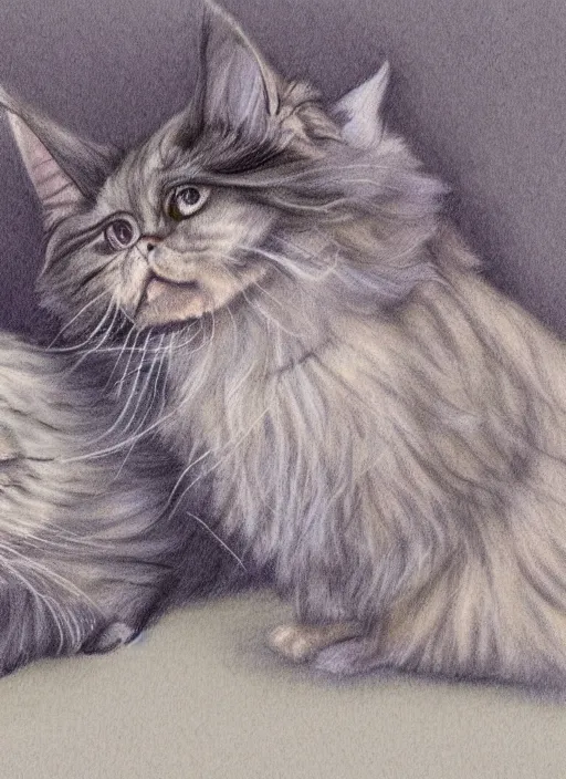 Prompt: a long haired lavender grey selkirk rex cat energetically chases a chubby darktortie scottish fold cat, realistic colored pencil rendering eccentric illustration neo - classical, rule of thirds