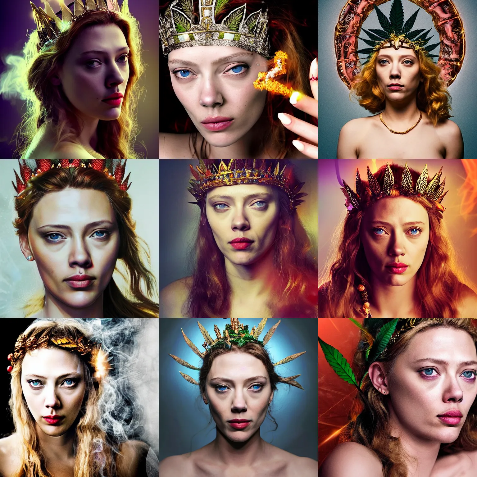 Prompt: scarlet johanson as a goddess of smoking weed, crown on head with marihuana leaf, shot from professional camera, ultra realistic, beatiful lights